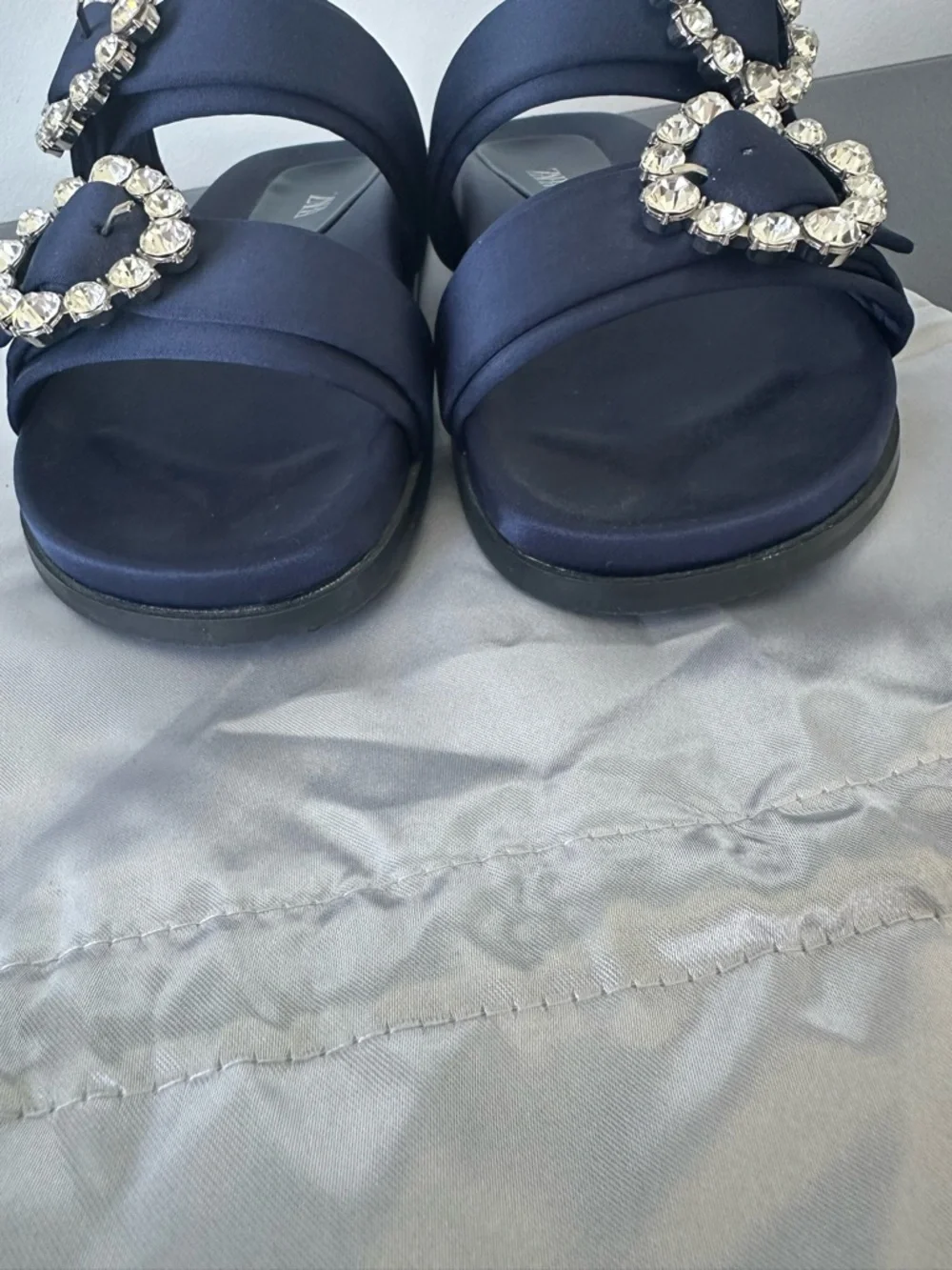 Zara Navy Satin Slide Sandals with Crystal Buckle Accents - Picture 4 of 6